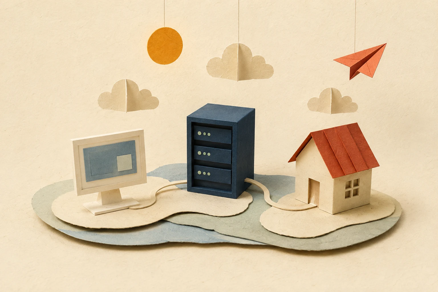 A handmade paper homelab: a computer, server cabinet, and little house connected across layers of cut paper.